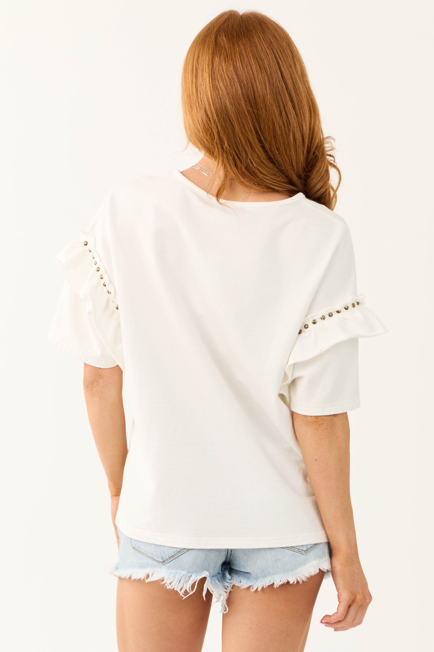 Ivory Studded Detail Half Ruffle Sleeve Top