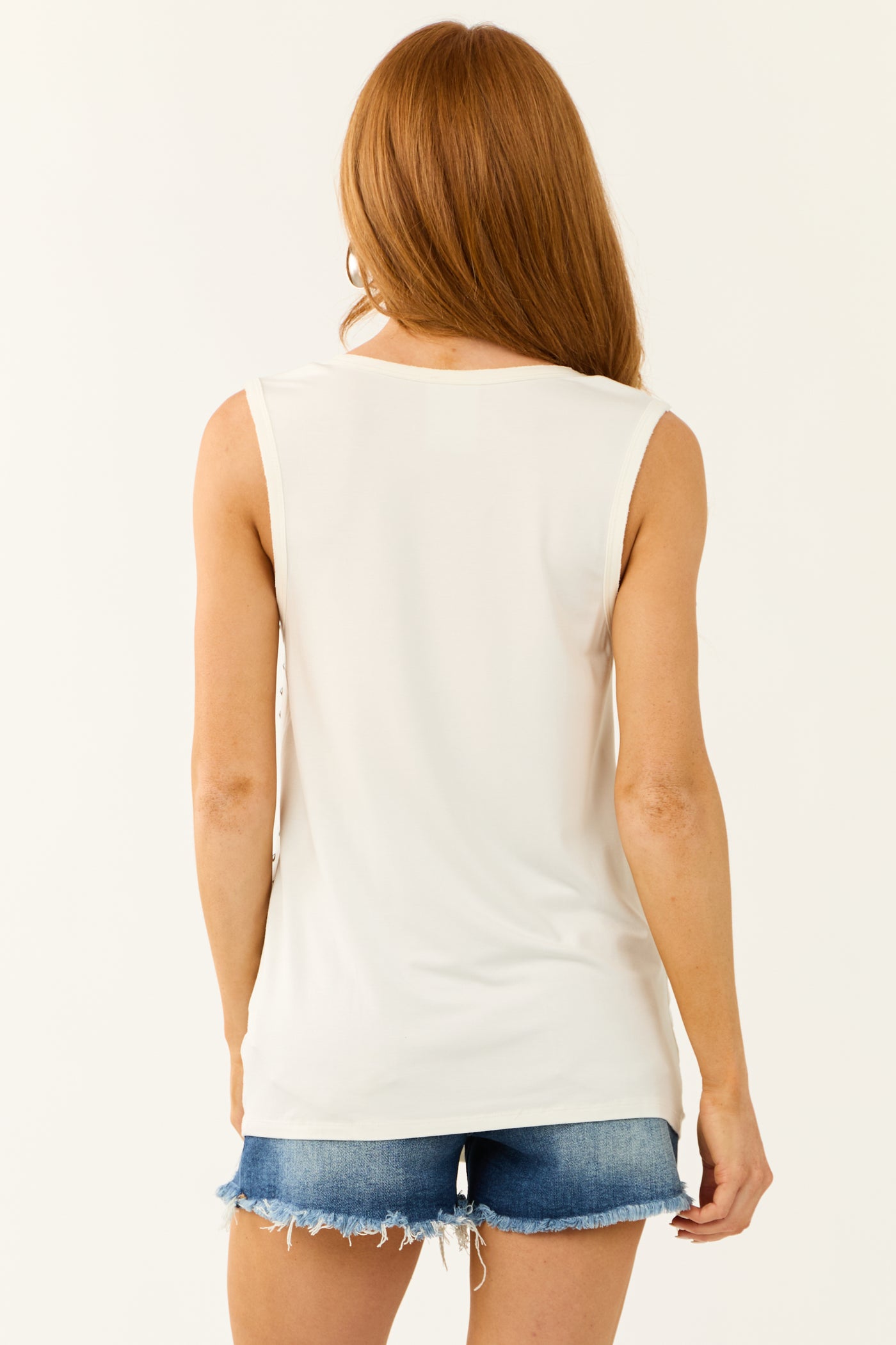 Ivory Studded Raw Edge Knit Tank Top