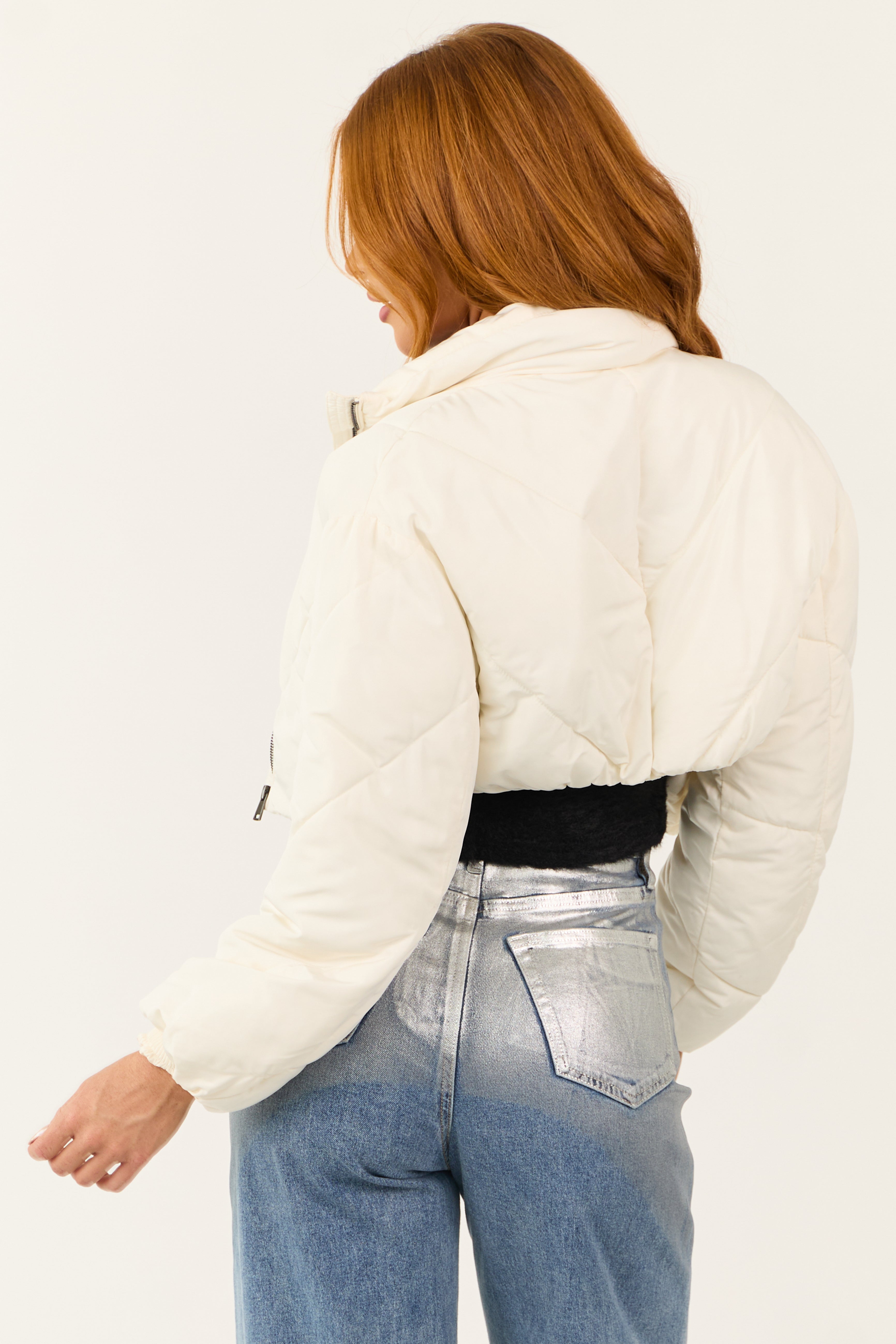 Ivory Super Cropped Zip Up Puffer Jacket