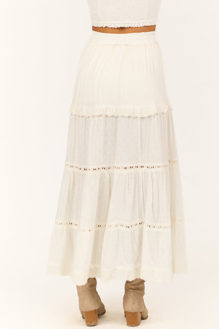 Ivory Swiss Dot Front Slit Tiered Maxi Skirt