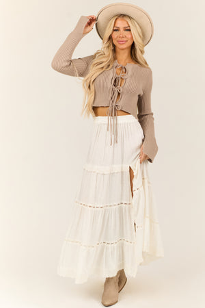 Ivory Swiss Dot Front Slit Tiered Maxi Skirt