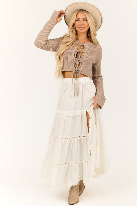 Ivory Swiss Dot Front Slit Tiered Maxi Skirt