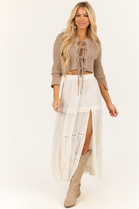 Ivory Swiss Dot Front Slit Tiered Maxi Skirt