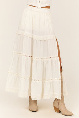 Ivory Swiss Dot Front Slit Tiered Maxi Skirt