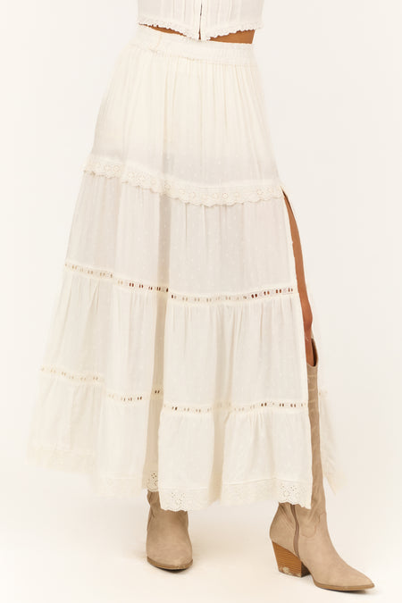 Ivory Swiss Dot Front Slit Tiered Maxi Skirt