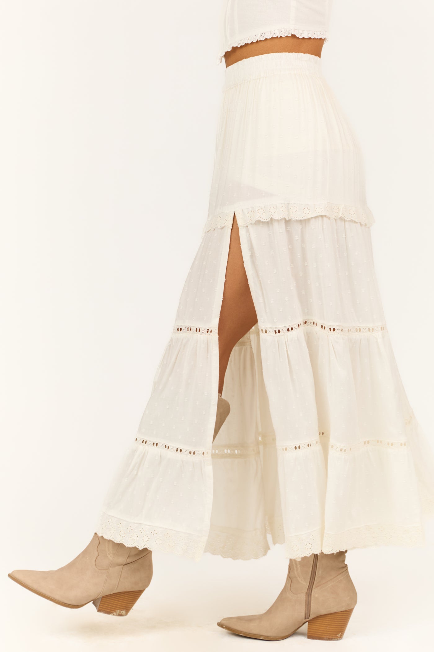 Ivory Swiss Dot Front Slit Tiered Maxi Skirt