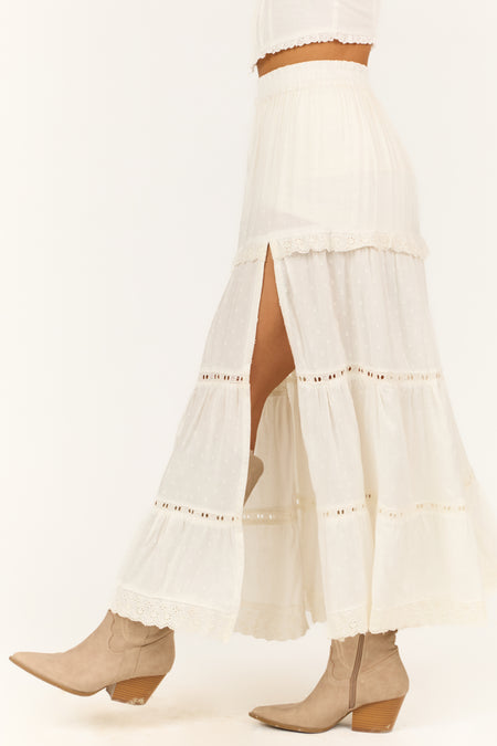 Ivory Swiss Dot Front Slit Tiered Maxi Skirt