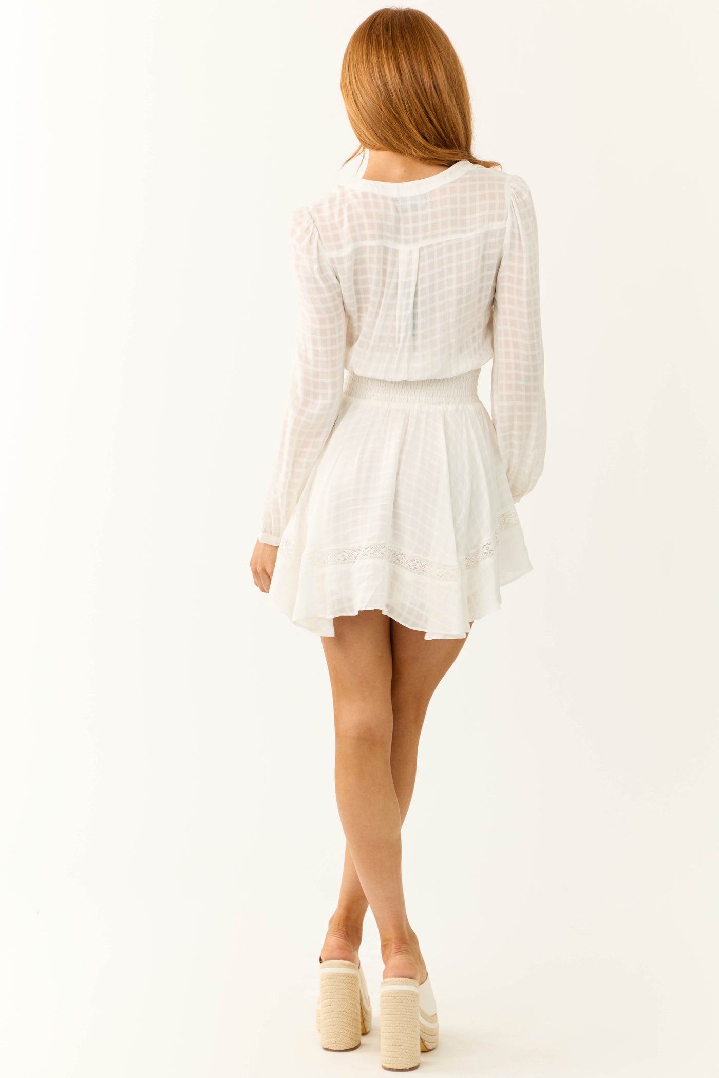 Ivory Textured Woven Long Sleeve Mini Dress