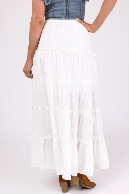 Ivory Tiered Frill Detail Drawstring Maxi Skirt