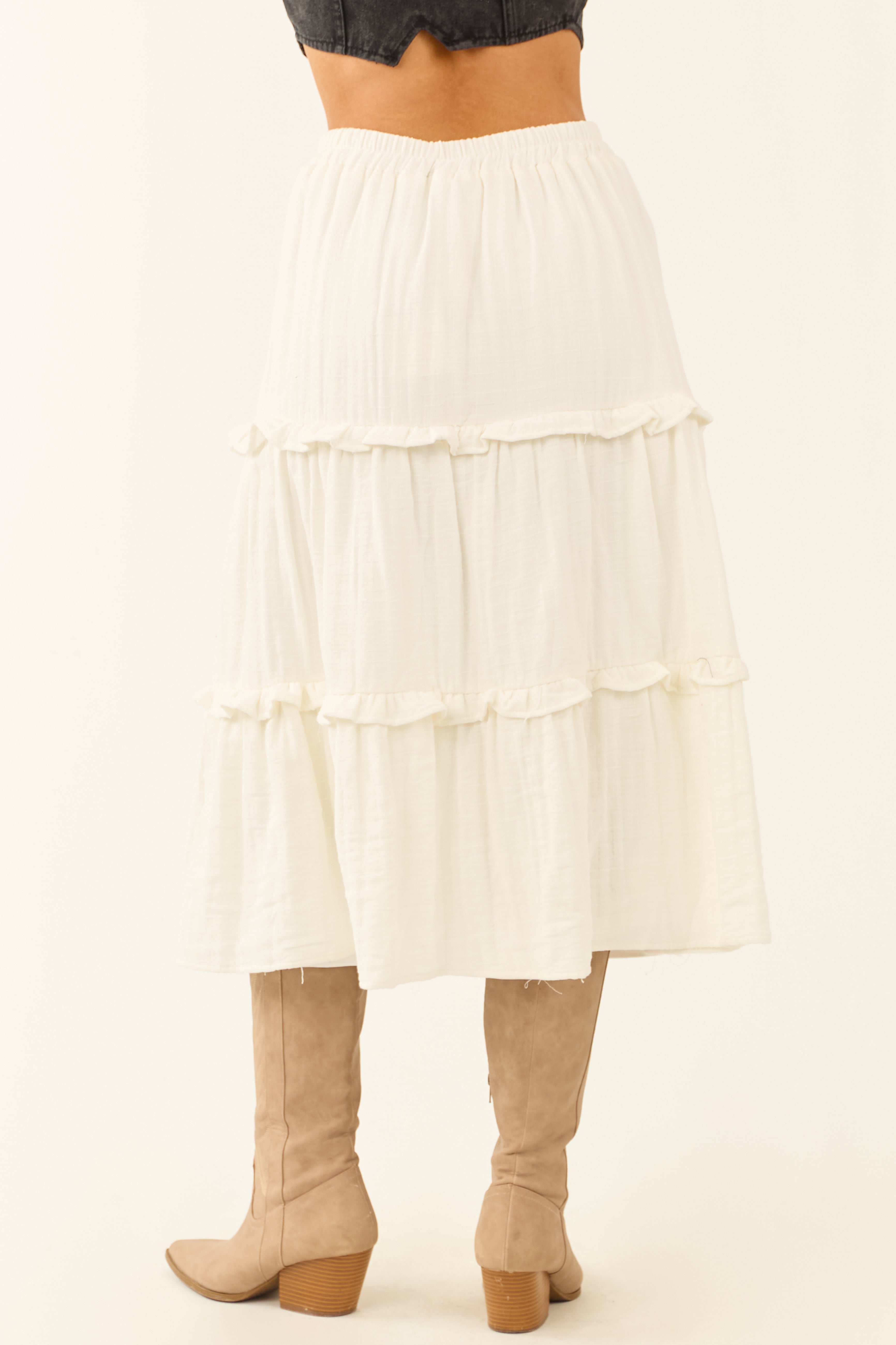 Ivory Tiered Frill Smocked Waist Midi Skirt