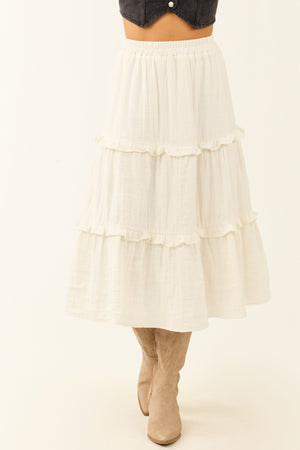 Ivory Tiered Frill Smocked Waist Midi Skirt