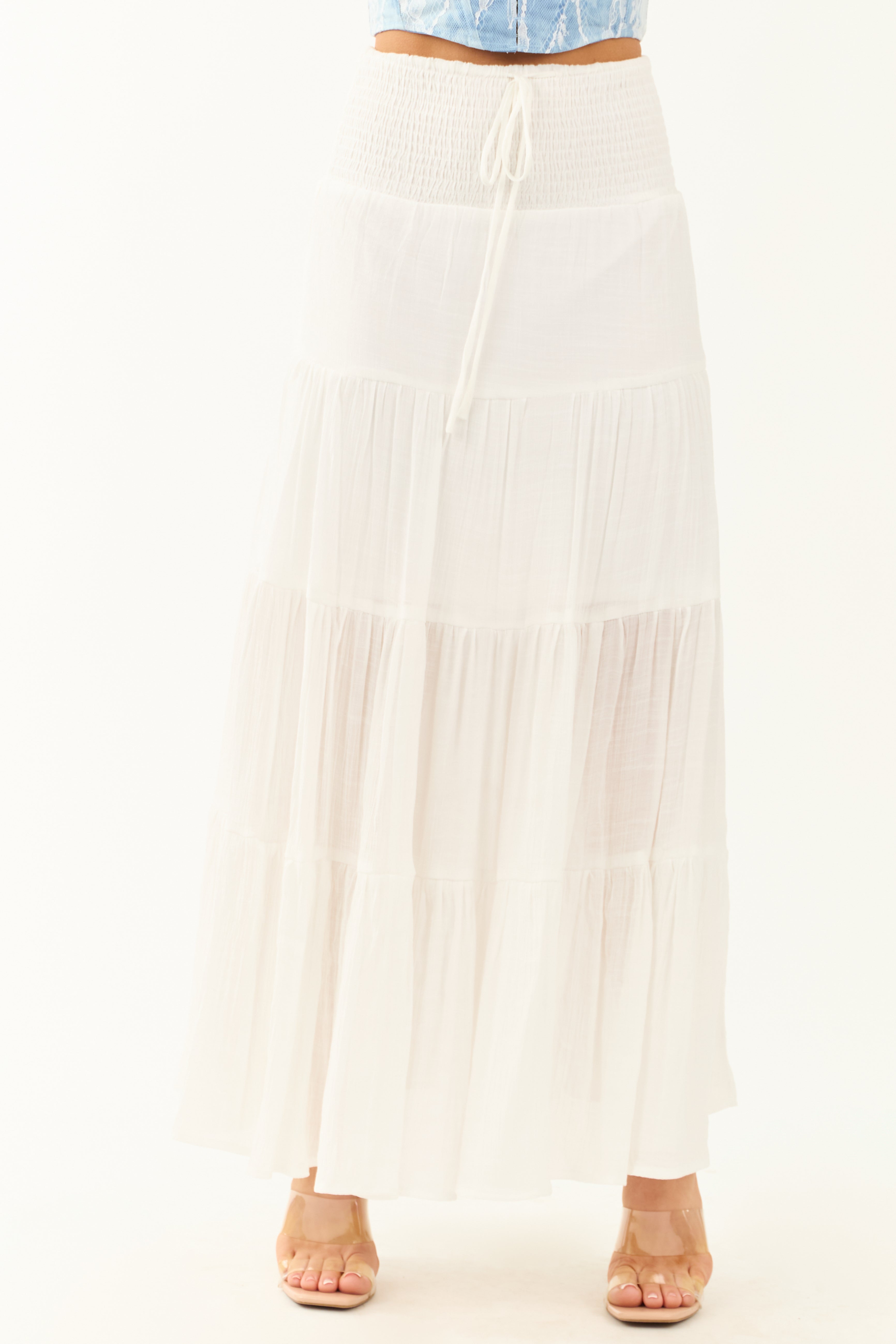 Ivory Tiered Smocked Drawstring Waist Maxi Skirt