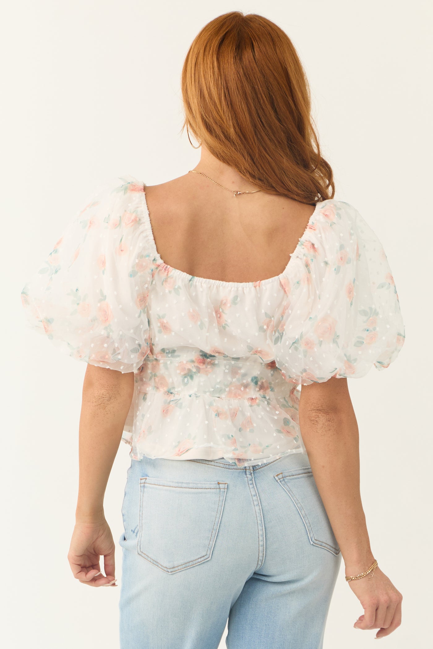 Ivory Tulle Floral Print Puff Sleeve Top