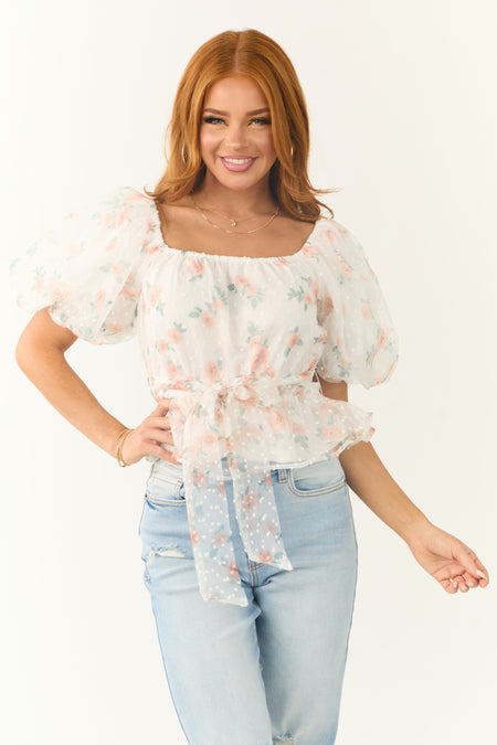 Ivory Tulle Floral Print Puff Sleeve Top