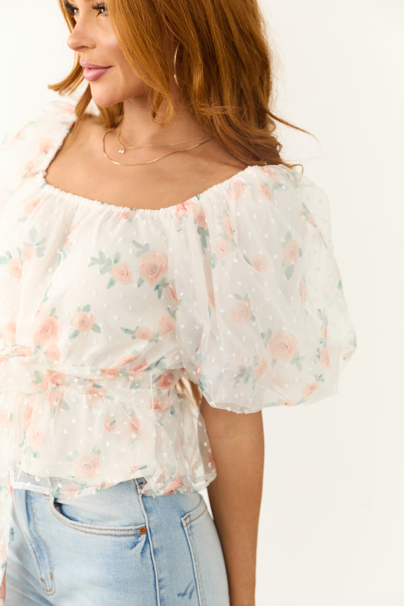 Ivory Tulle Floral Print Puff Sleeve Top