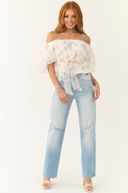 Ivory Tulle Floral Print Puff Sleeve Top