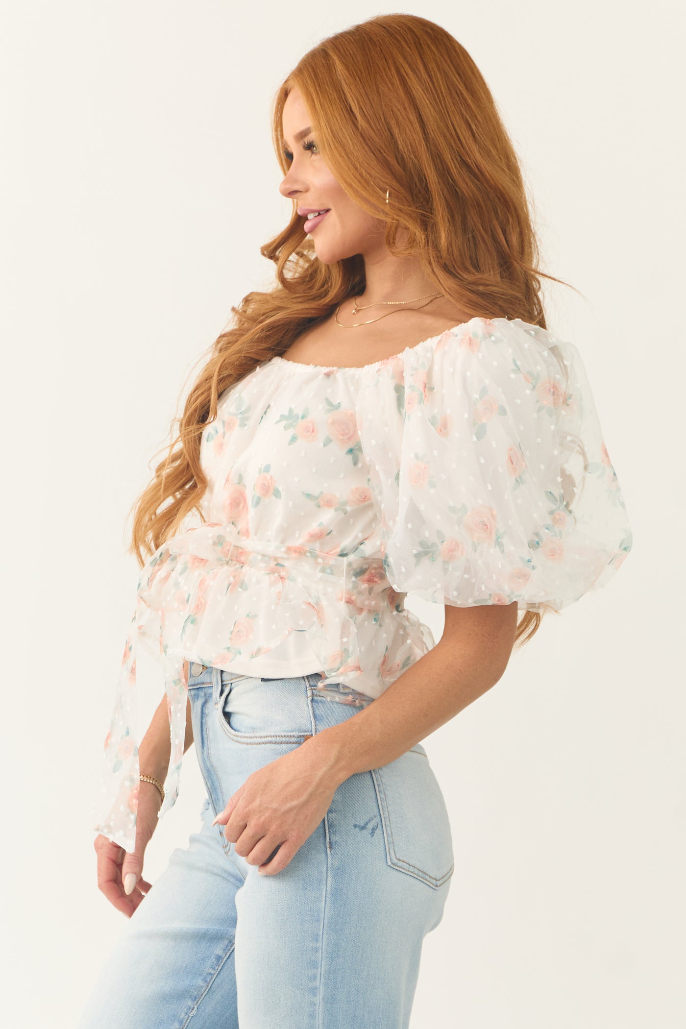 Ivory Tulle Floral Print Puff Sleeve Top