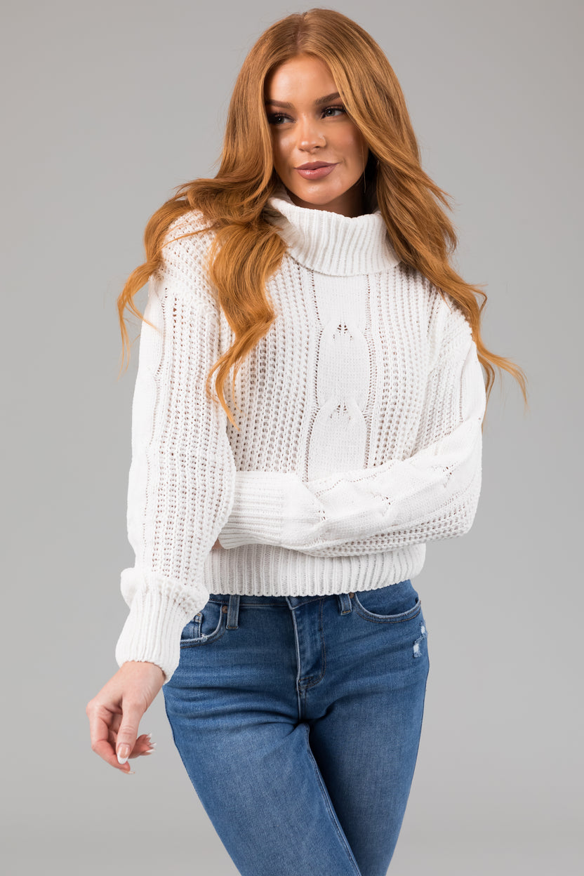 Ivory Turtleneck Cable Knit Chenille Sweater