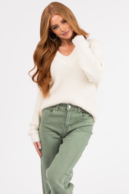 Ivory V Neck Long Sleeve Knit Sweater