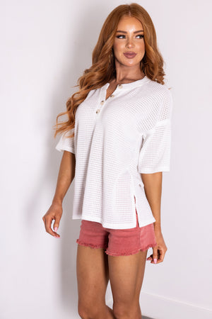 Ivory Waffle Knit Half Sleeve Button Top