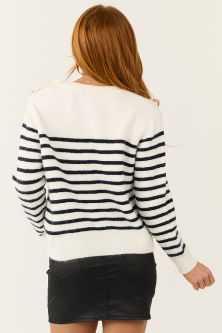 Ivory and Black Button Shoulder Striped Sweater