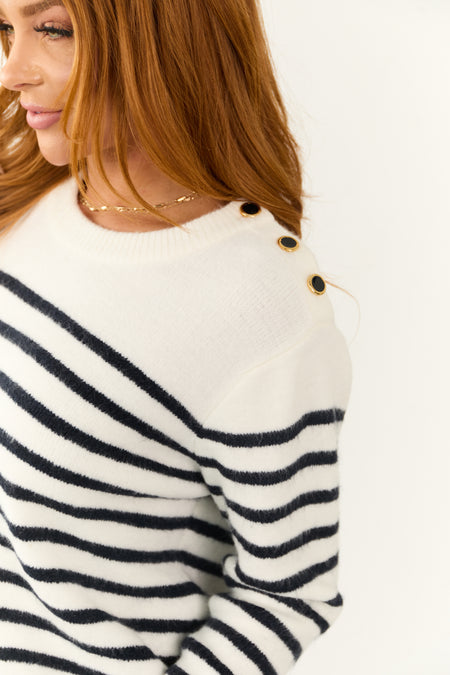 Ivory and Black Button Shoulder Striped Sweater