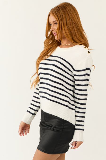 Ivory and Black Button Shoulder Striped Sweater