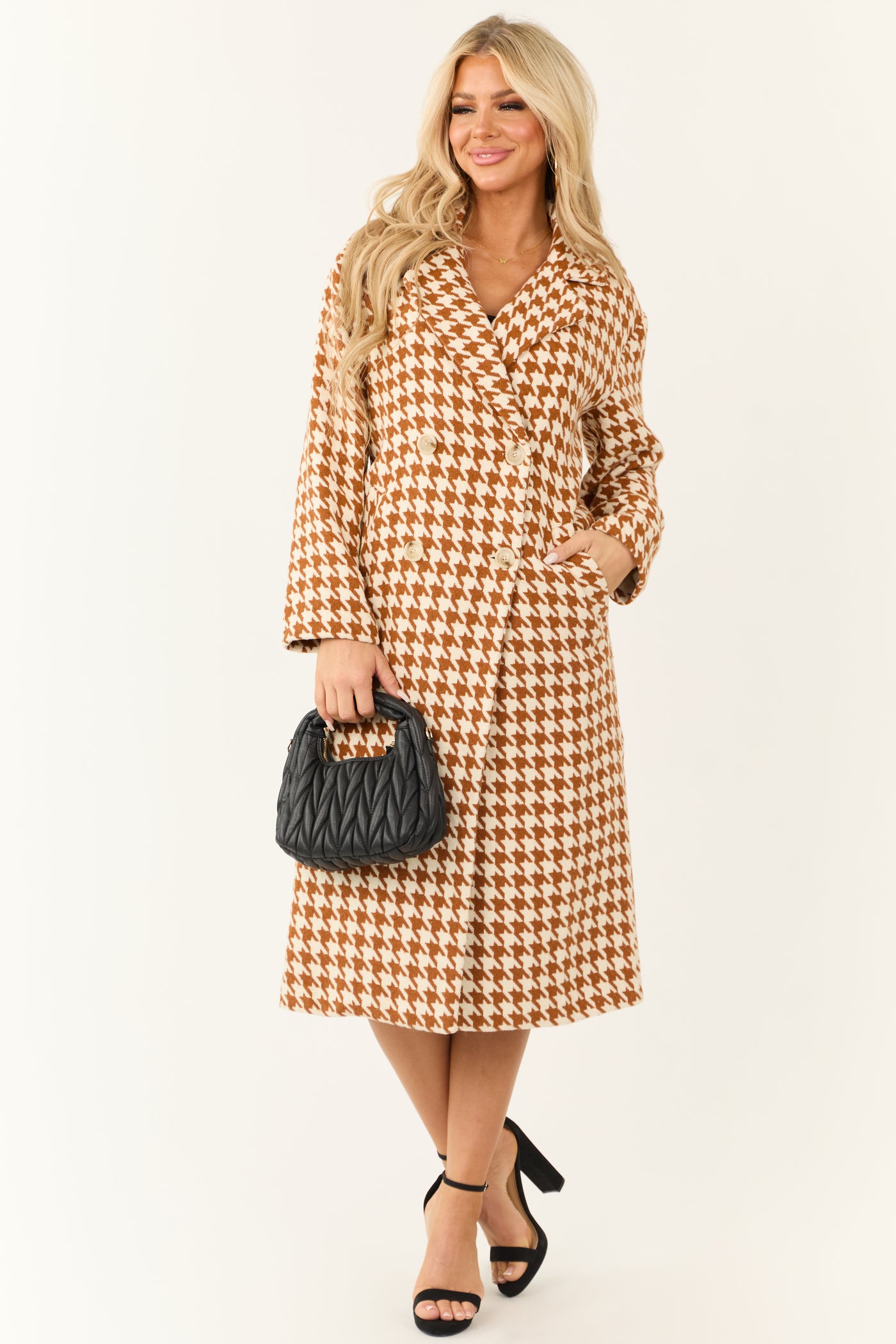 Ivory and Caramel Houndstooth Pattern Trench Coat