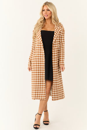 Ivory and Caramel Houndstooth Pattern Trench Coat