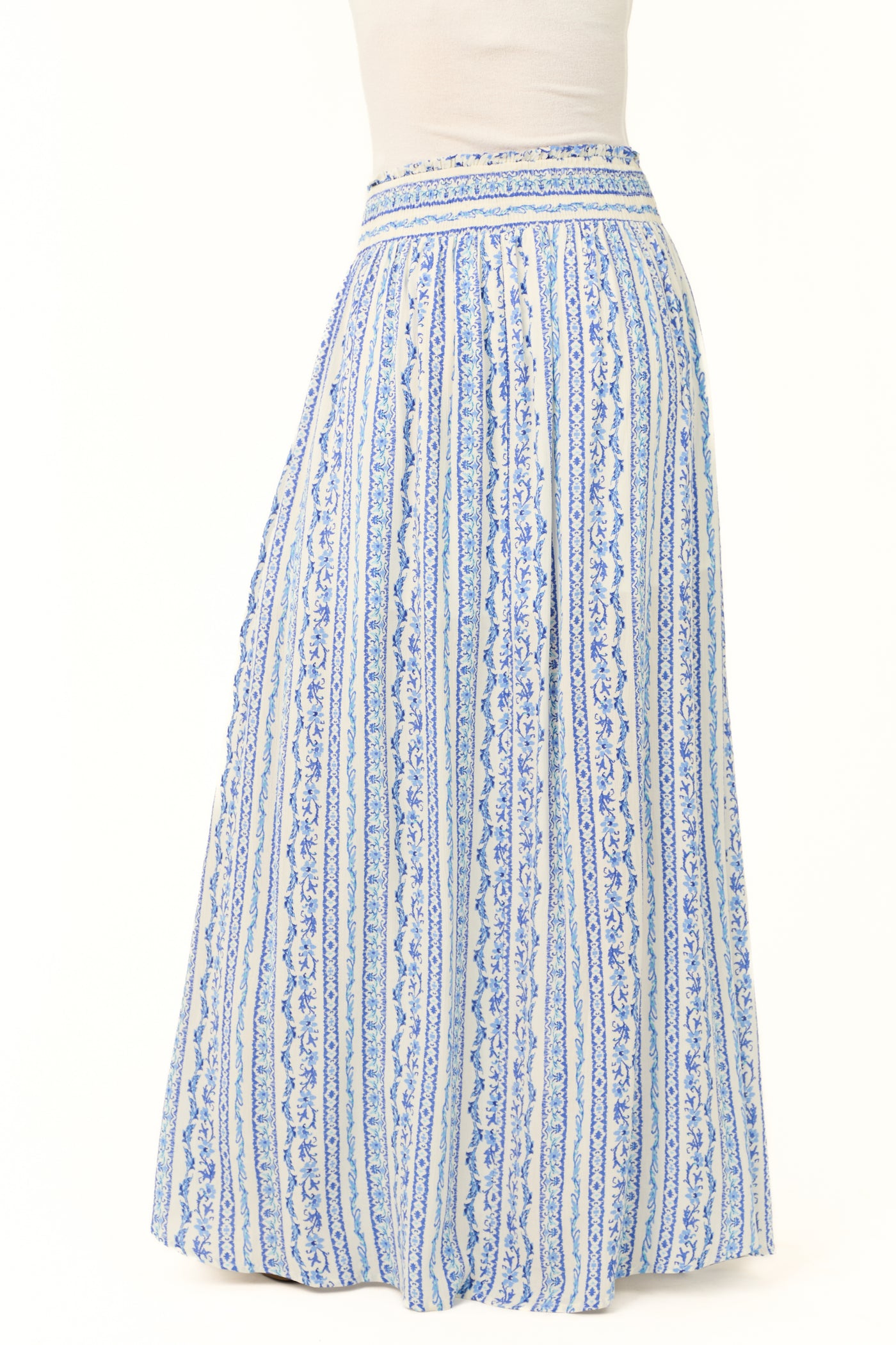 Ivory and Cobalt Front Slit Button Maxi Skirt