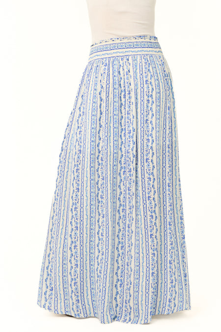 Ivory and Cobalt Front Slit Button Maxi Skirt