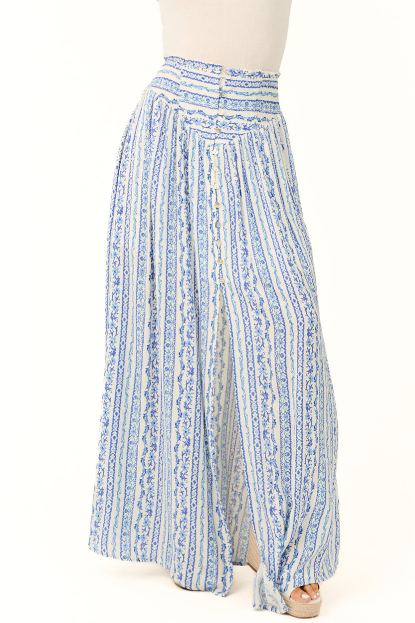 Ivory and Cobalt Front Slit Button Maxi Skirt