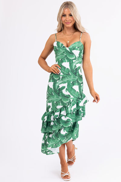 Ivory and Hunter Green Leaf Print Midi Dress