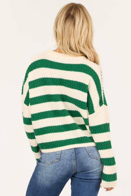 Ivory and Jade Zig Zag Stitch Striped Sweater