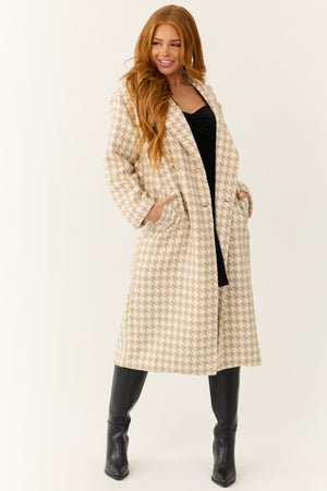 Ivory and Latte Houndstooth Pattern Trench Coat