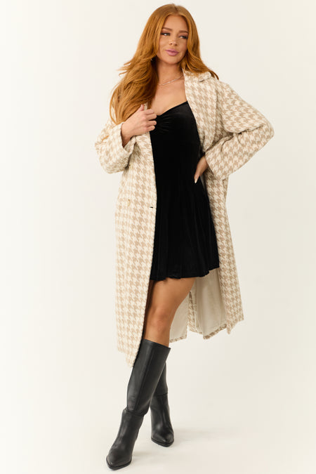 Ivory and Latte Houndstooth Pattern Trench Coat