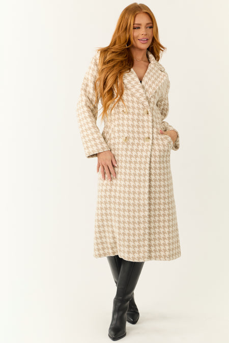 Ivory and Latte Houndstooth Pattern Trench Coat