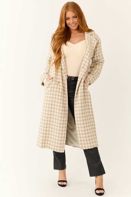 Ivory and Latte Houndstooth Pattern Trench Coat