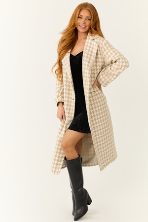 Ivory and Latte Houndstooth Pattern Trench Coat