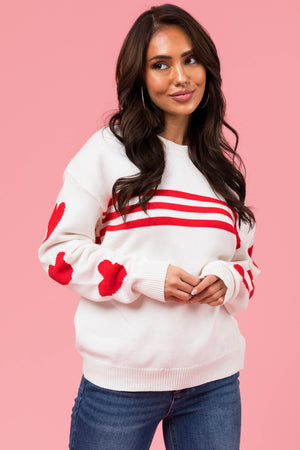 Ivory and Lipstick Heart Sleeve Striped Sweater