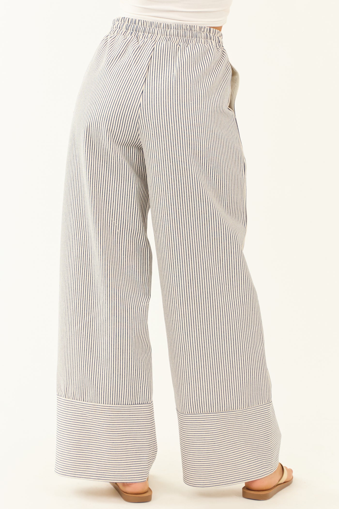 Ivory and Navy Striped Wide Leg Drawstring Pants