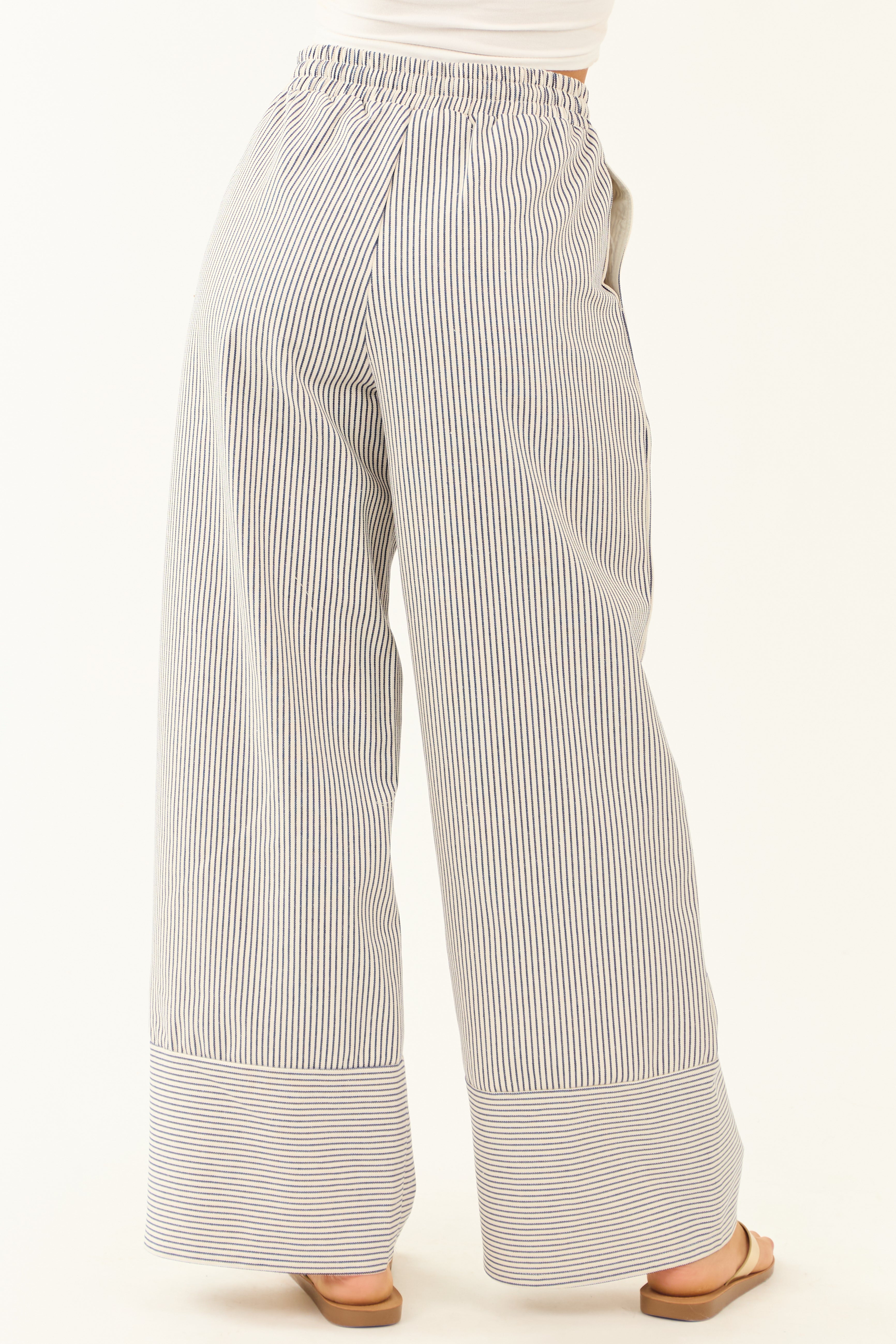 Ivory and Navy Striped Wide Leg Drawstring Pants