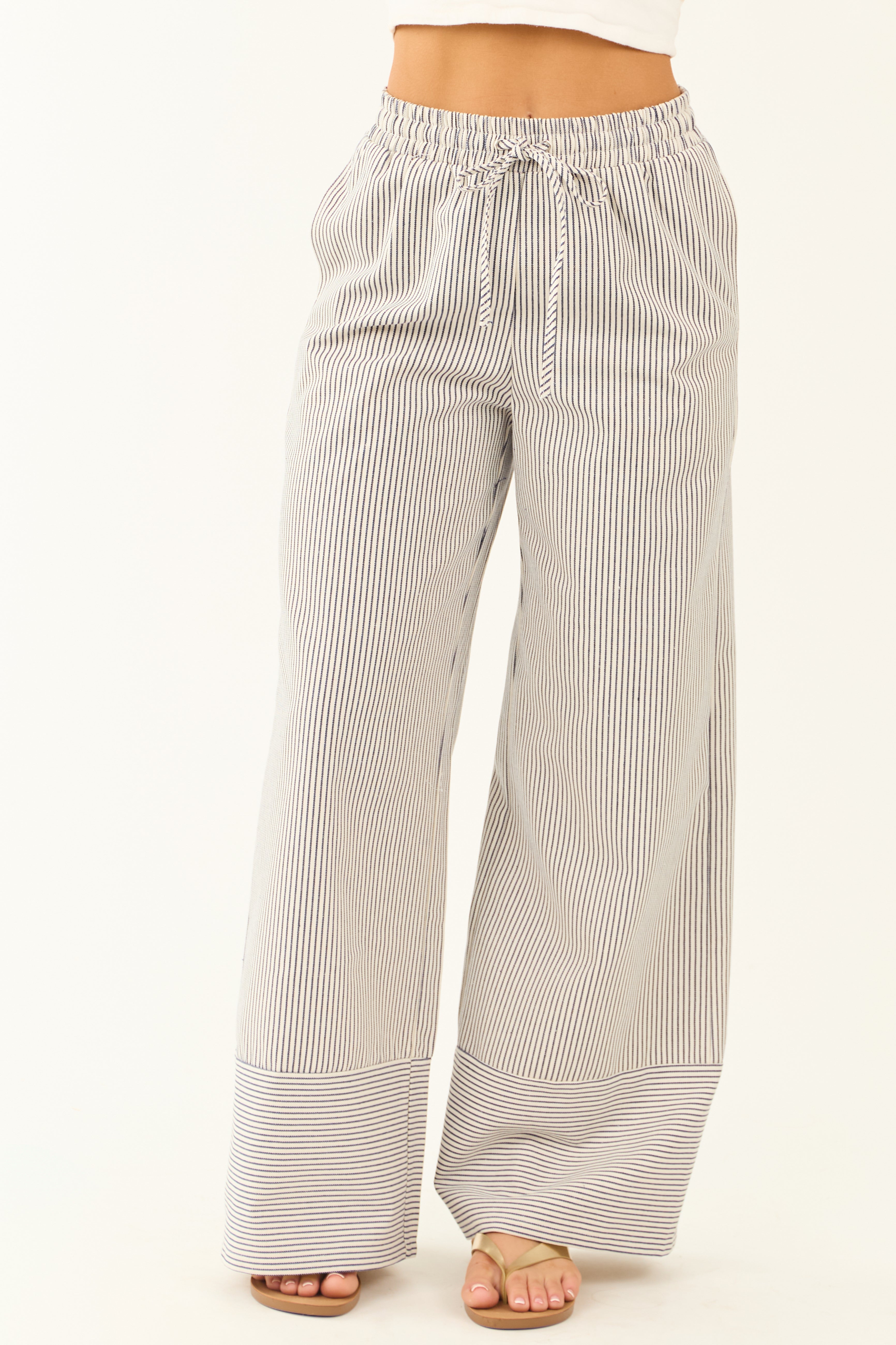 Ivory and Navy Striped Wide Leg Drawstring Pants