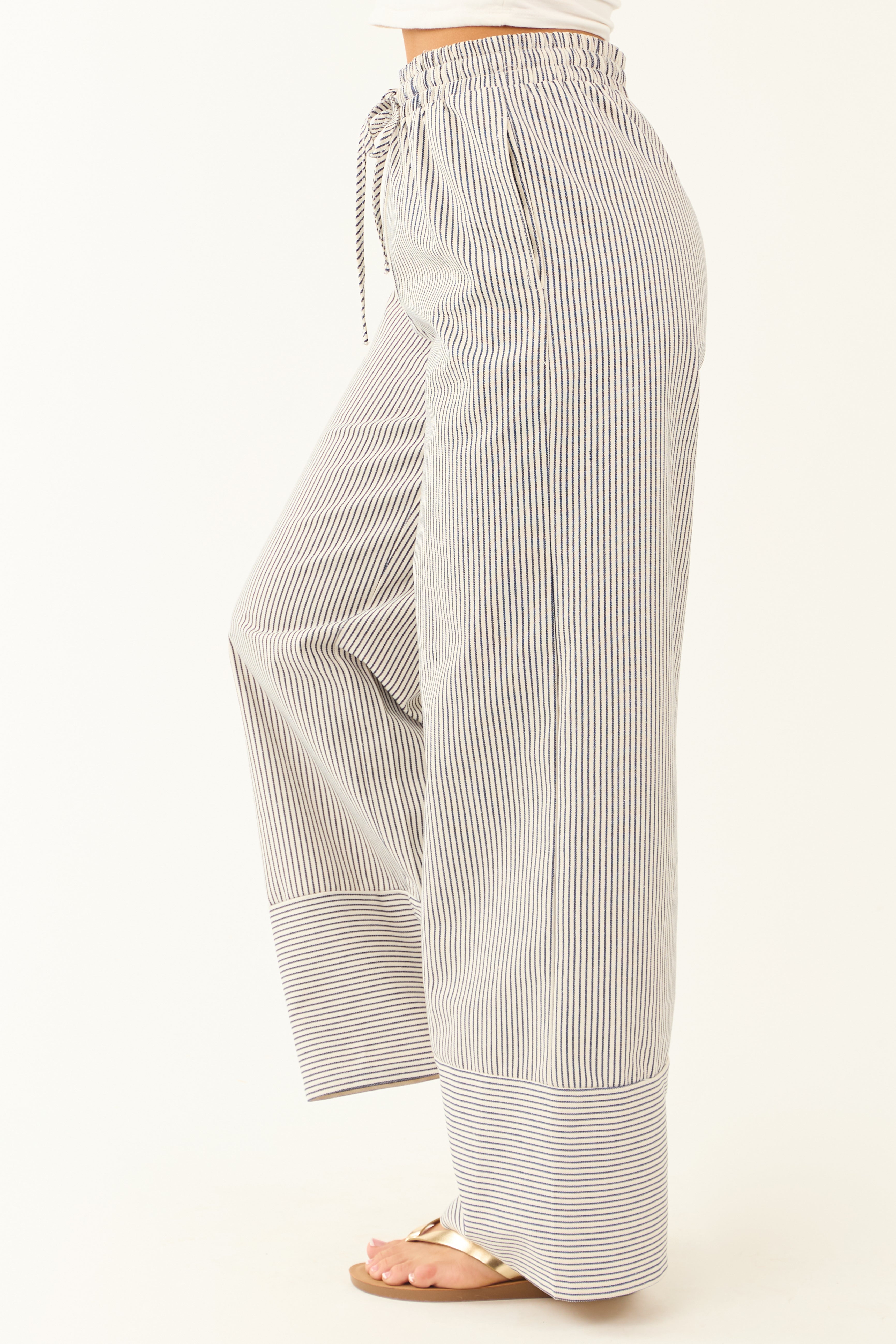 Ivory and Navy Striped Wide Leg Drawstring Pants