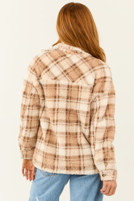 Ivory and Nude Sherpa Plaid Button Up Jacket