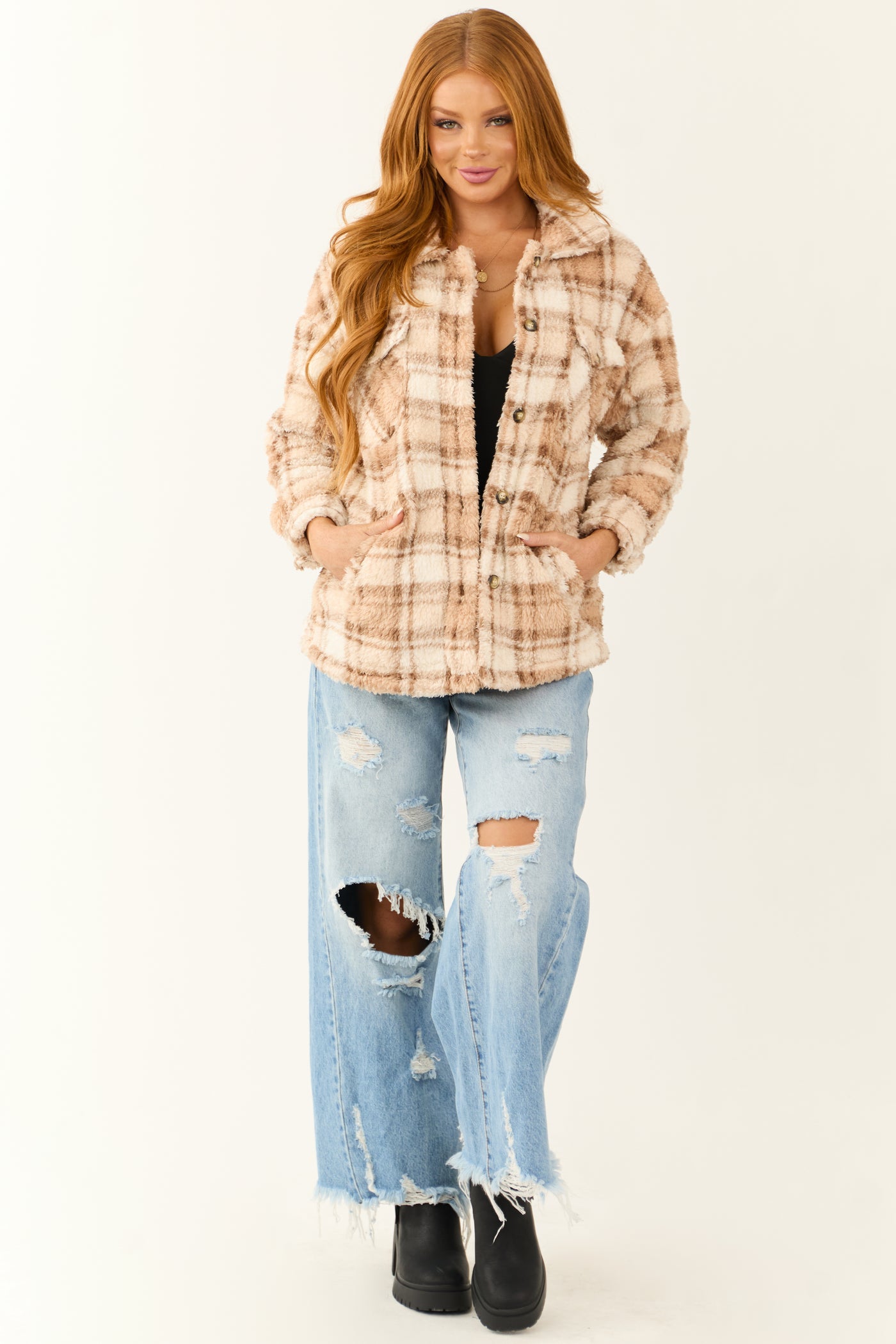 Ivory and Nude Sherpa Plaid Button Up Jacket