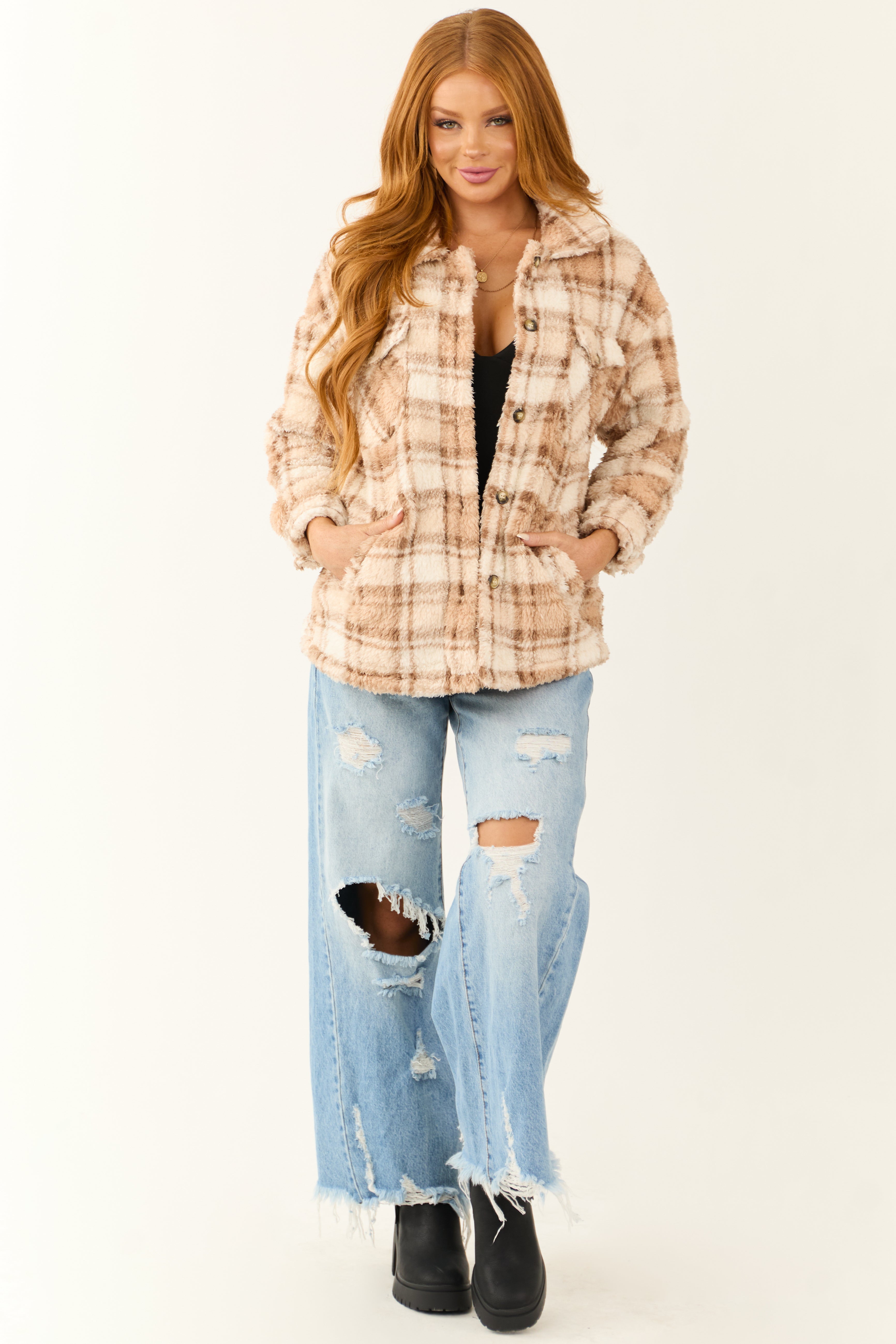 Ivory and Nude Sherpa Plaid Button Up Jacket