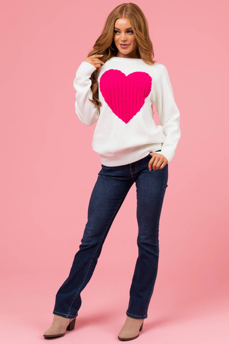 Ivory and Pink Cable Knit Heart Sweater