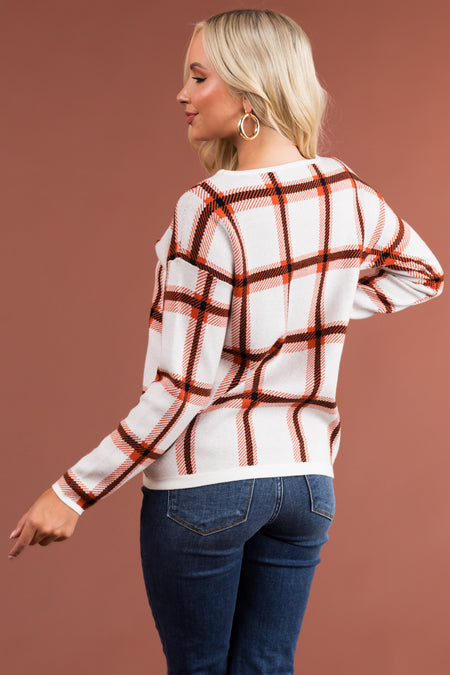 Ivory and Pumpkin Checkered Long Sleeve Sweater