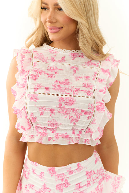 Ivory and Raspberry Floral Print Ruched Top